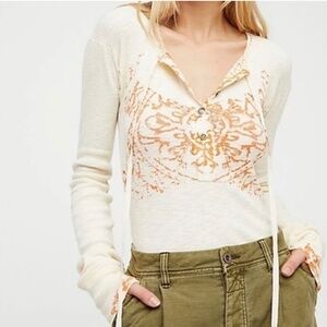 We The Free Cream and Orange Long Sleeve Top